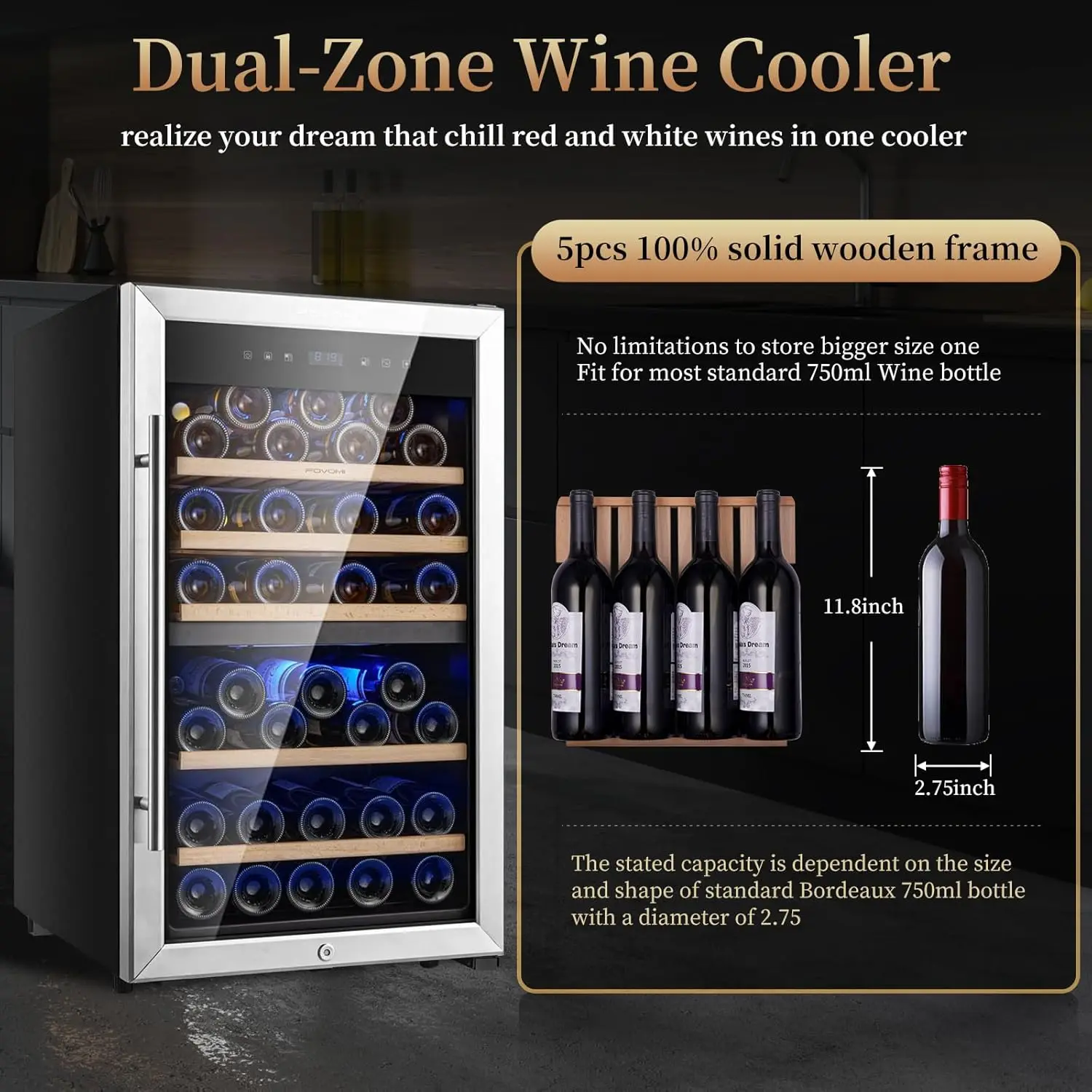 52-bottle Wine Fridge Freestanding Wine Cooler Refrigerator,(Bordeaux 750ml) Dual Zone Compressor 4