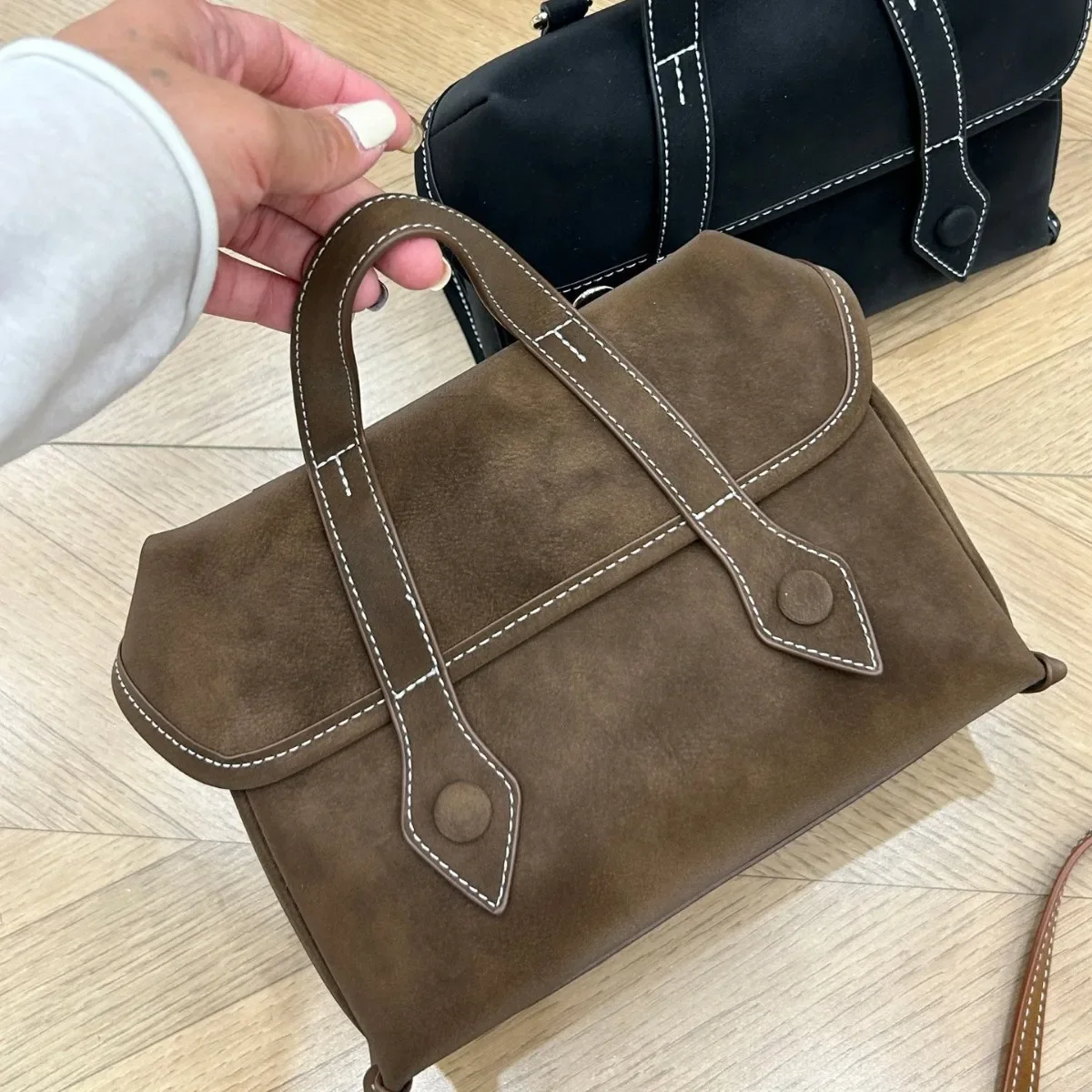 Fashion Autumn Winter  Boston Tote Soft Matte Suede Cow Leather Women's Handbag Shoulder Crossbody Bag For Women Brown