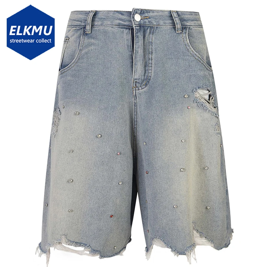 Men Rhinestone Denim Shorts Streetwear Harajuku Vintage Ripped Jeans Shorts Casual Loose