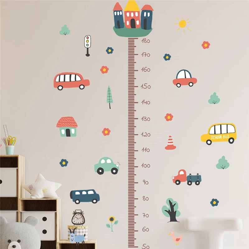 

Cartoon Cars Bus Wall Stickers For Height Measuring Kids Bedroom Decoration Traffic Theme Mural Art Diy Home Decals Pvc Posters