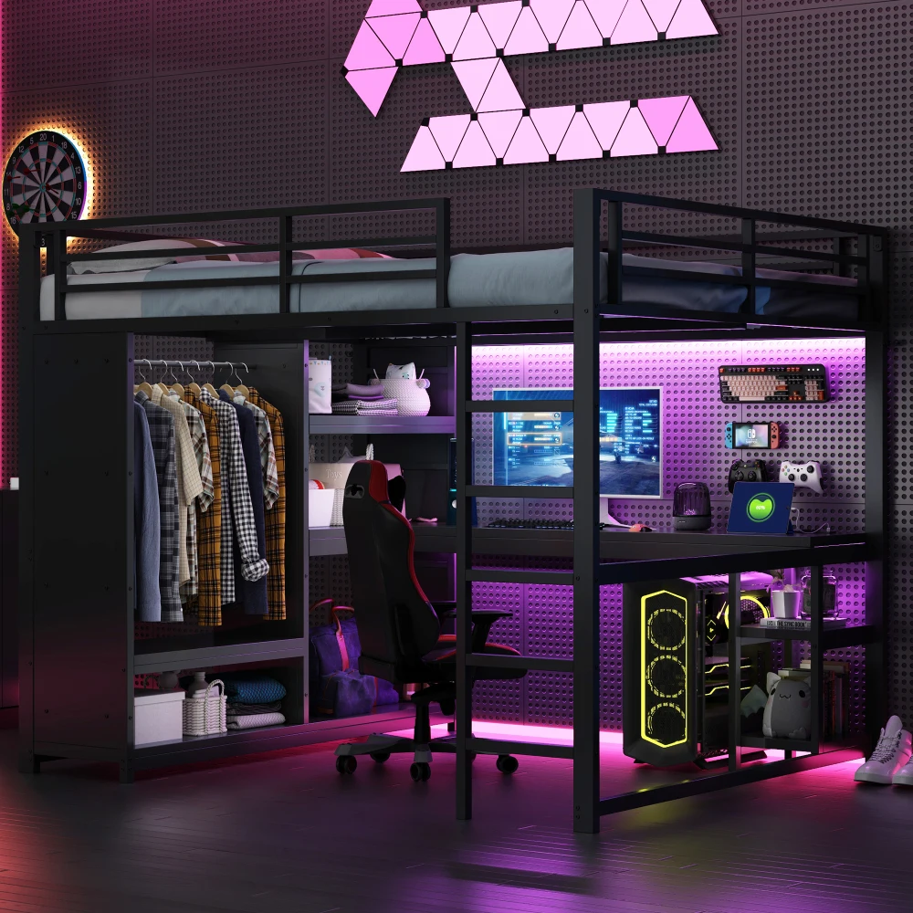Metall-Gaming-Hochbett mit LED und Schreibtisch Modernes Kinder-Etagenbett mit Offenem Kleiderschrank Aufbewahrungsboxen Schwarz Ideal für Kinderschlaf und -spiel – Detail 21