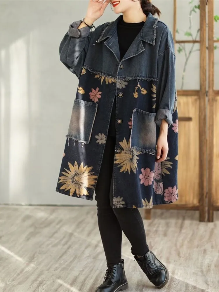 

Spring Autumn Streetwear Vintage Floral Printed Loose Casual Long Denim Coats Woman Lapel Single Breasted Windbreaker Clothes