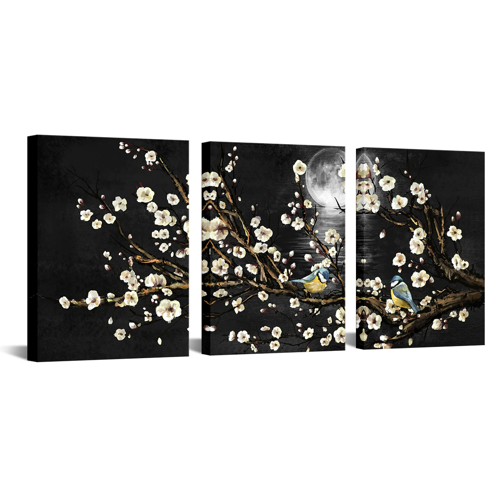 

3 Pieces Birds on Flowers Poster Wall Art Full Moon Print Canvas Painting Modern Style Picture Living Room Wall Decor