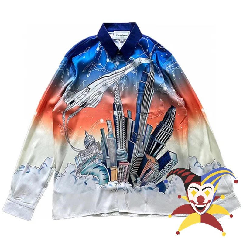 

Skyscraper Aircraft Print Casablanca Shirt Men Women Hawaii Beach Silk Shirts