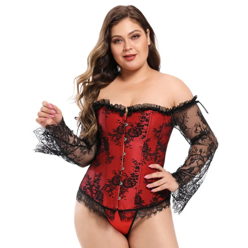 

M-6XL Women Corset Bustier Top Overbust Sexy Nightclub Clothing Steampunk Gothic Lace Long Sleeves Corsets Costume Sexy Lingerie