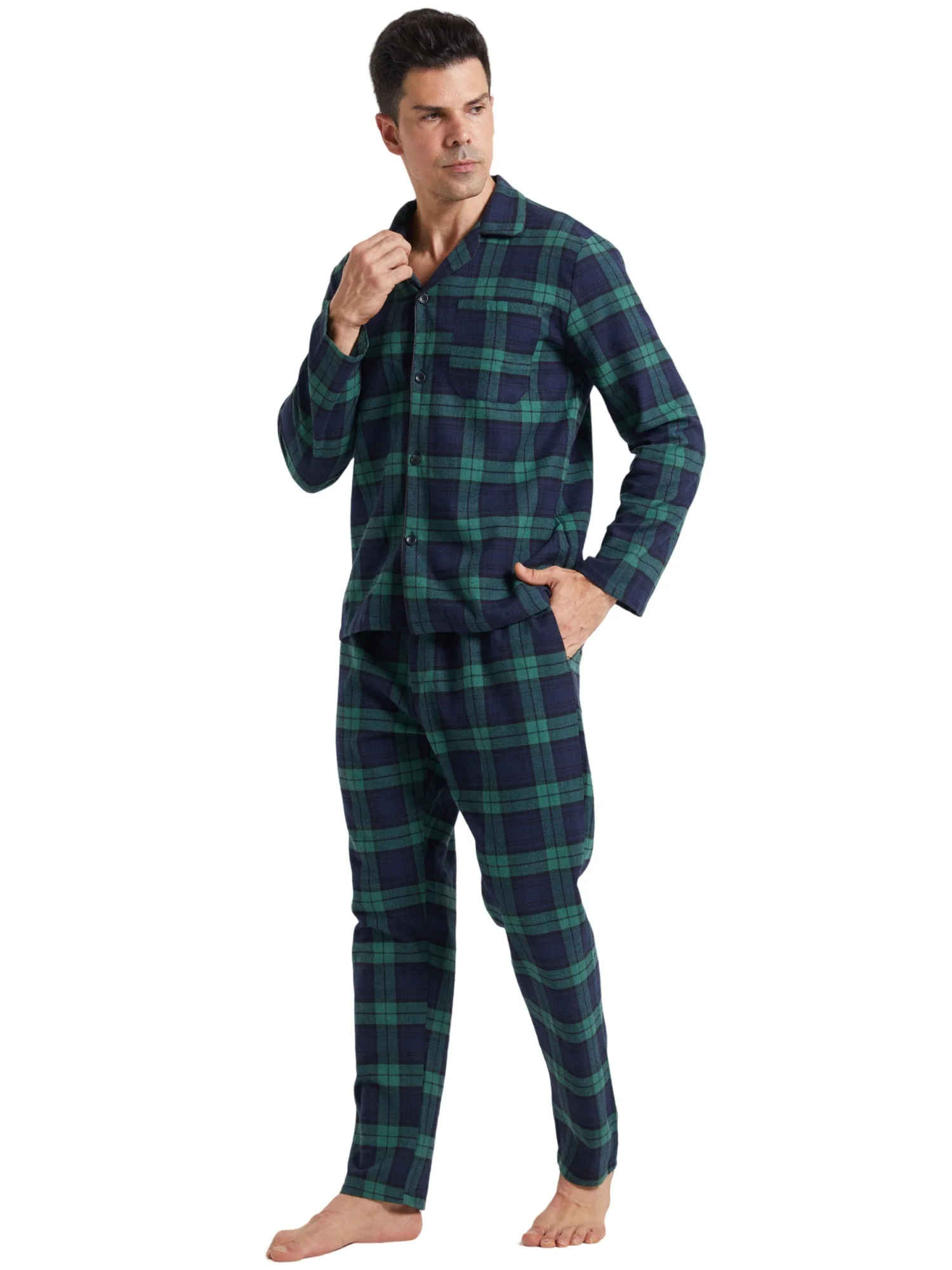 Mens Flannel Pajamas Set Cotton Plaid Pjs Button Down Warm Soft Lounge Sleepwear