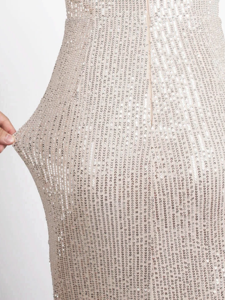 One Shoulder Abend party Maxi kleid Split rücken frei ärmellose Marine Silber Pailletten Nacht Ballkleid – Detail 18