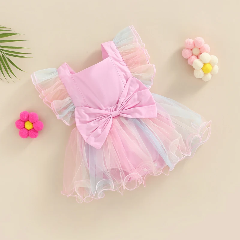 공주  플라잉 슬리브 롬퍼 드레스 여아용, 컬러풀한 메쉬, 나비 매듭 바디수트, , , 생일 파티 의류