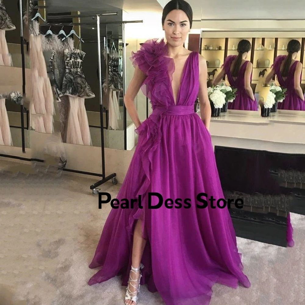 

Pearl Dress Sexy A-line Prom Dress Side Split Long Vestidos De Fiesta Deep V-Neck Sleeveless Layered Evening Dress