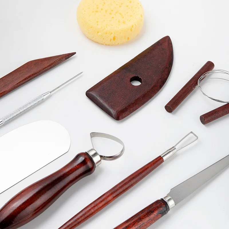 Pottery Tool Set Red Wood Pull Blank Tool Clay Sculpture Carving DIY Model Pottery Sponge Mud Cutter Scraper Set