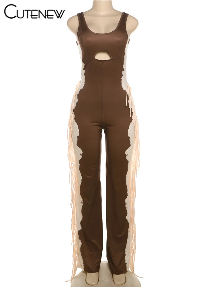 Panelled Casual Women Jumpsuits Summer Hipster Chic Tassel Sport U-neck Tank Hollow Slim Overalls Mujer Street One Piece