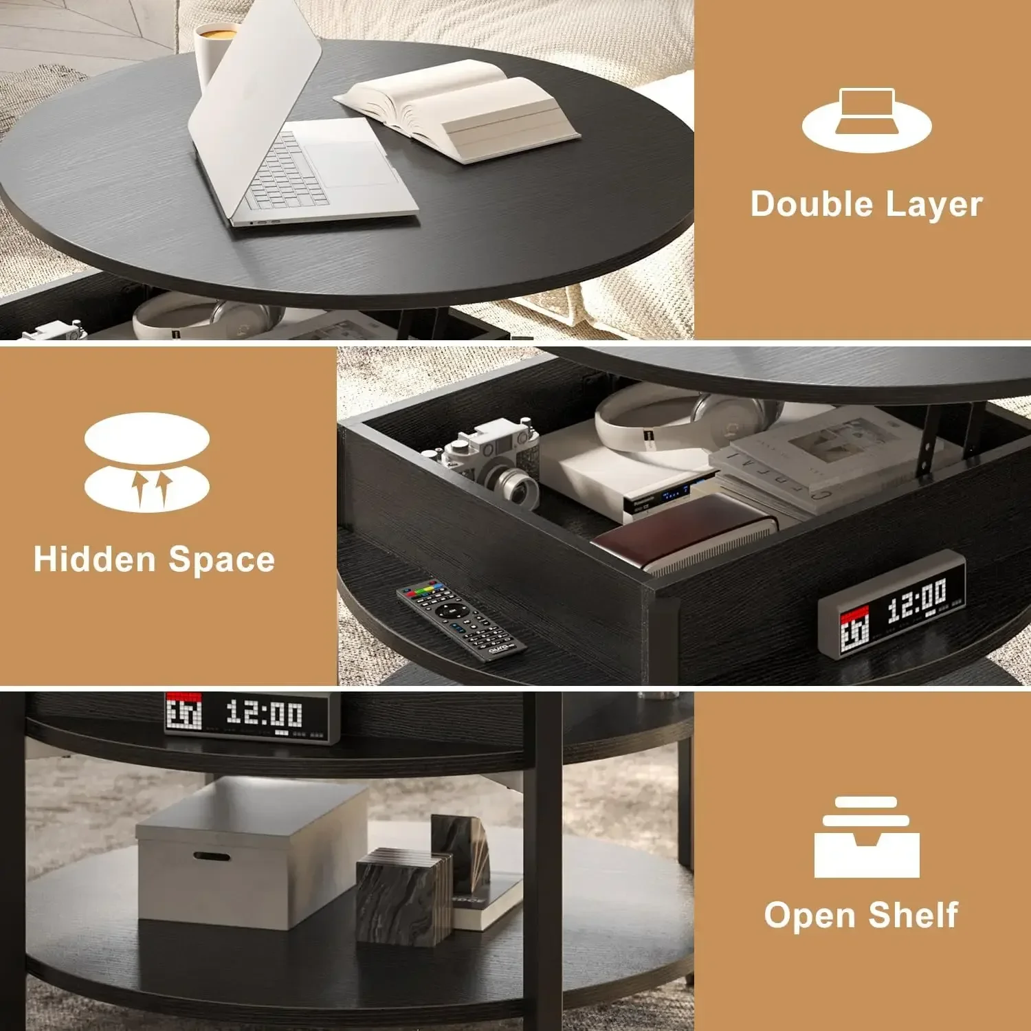 -New-Round Lift Top Coffee Table with Storage and Hidden Compartment, 26.77'' Farmhouse Coffee Table for Living Room Receptio