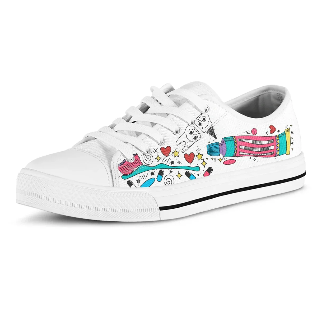 Cartoon Teeth Women Canvas Shoes White Rubber Sneakers Comfortable Breathable Flats Casual Footwear