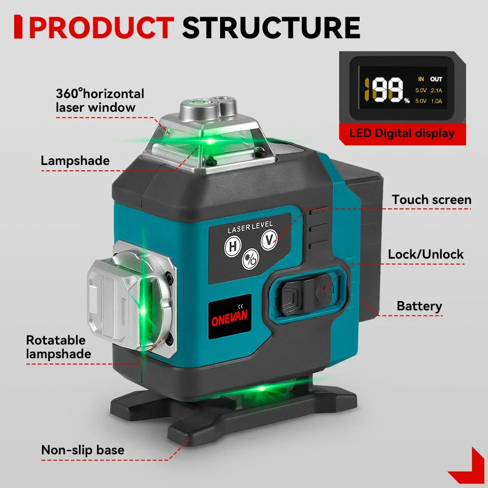 ONEVAN 16 Lines 4D Laser Level Self-Leveling 360 Horizontal And Vertical Cross Super Powerful Green Laser Level With Display laser level