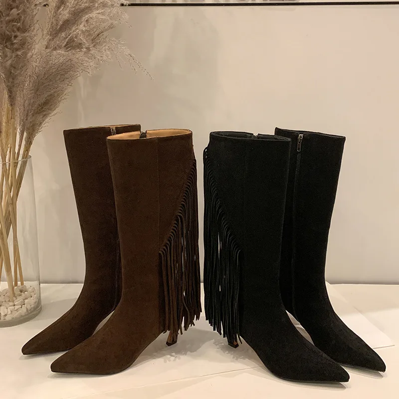 

High Quality Woman Velvet Suede Stiletto Heel Knee High Boots Pointed Toe Female Side Zipper Fringe Black Brown Boots Shoes
