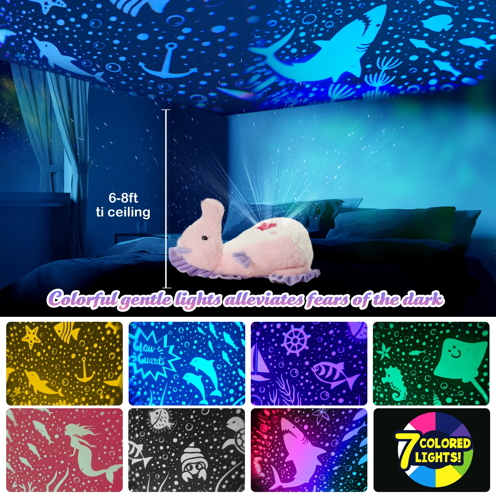 

Luminous Projector Dolphin Doll Plush Toys Seahorse Crab Throw Pillows Gift LED Light Stuffed Toy Animals for Girls Kids