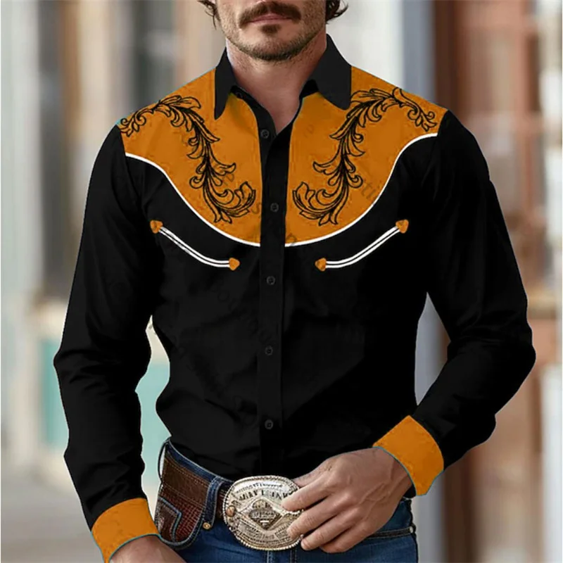 thumbnail image 1 of Camisa de hombre estilo retro occidental con estampado floral 2024, informal, para exteriores, calle, uso diario, primavera y verano, con solapa, manga larga, color negro, tallas S a 5XL, tejido elást, 1 of 5
