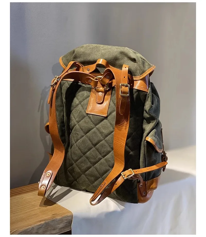 PNDME Vintage Erste Schicht Rindsleder Leinwand Große Kapazität Herren Rucksäcke Outdoor Casual Reise Designer Damen Große Schultasche – Detail 11