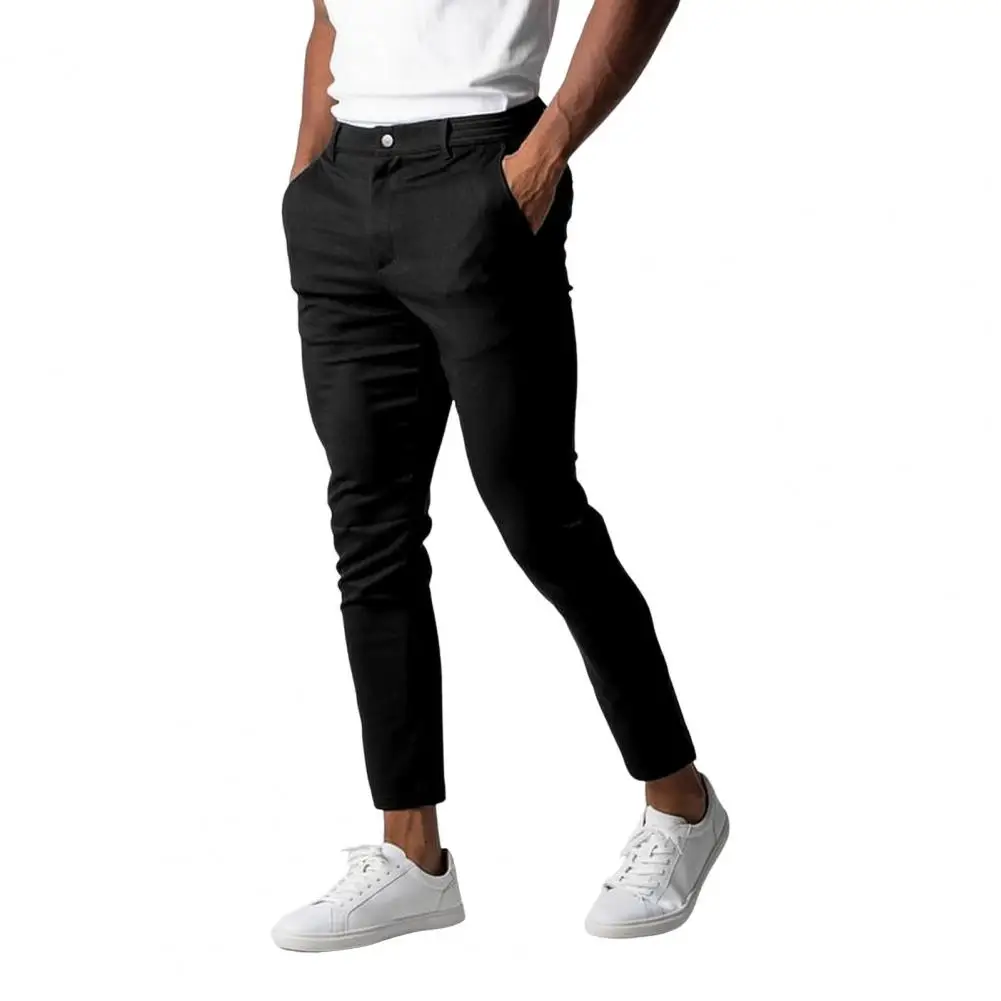 

Slim Fit Trousers Men's Slim Fit Business Formal Pants with Elastic Waist Button Closure Pockets Solid Color Soft Breathable