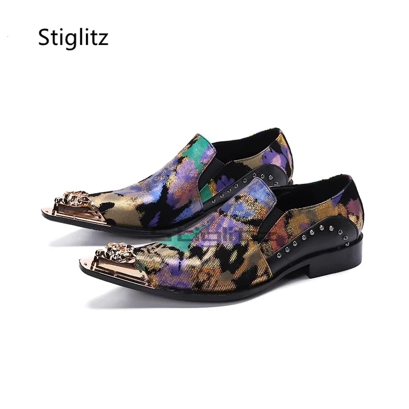 Metal Pointed Toe Print Men's Shoes Genuine Leather Dress Shoes Rivet Graffiti Formal Oxfords Flats Party Wedding Male Shoes