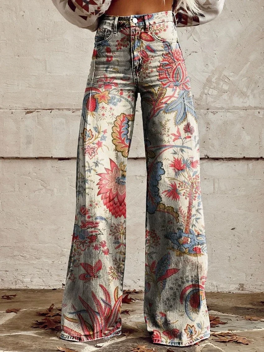 

Pantalones vaqueros con estampado Floral para mujer, Vaqueros cintura alta y elegantes de pierna ancha, holgados de estilo compl