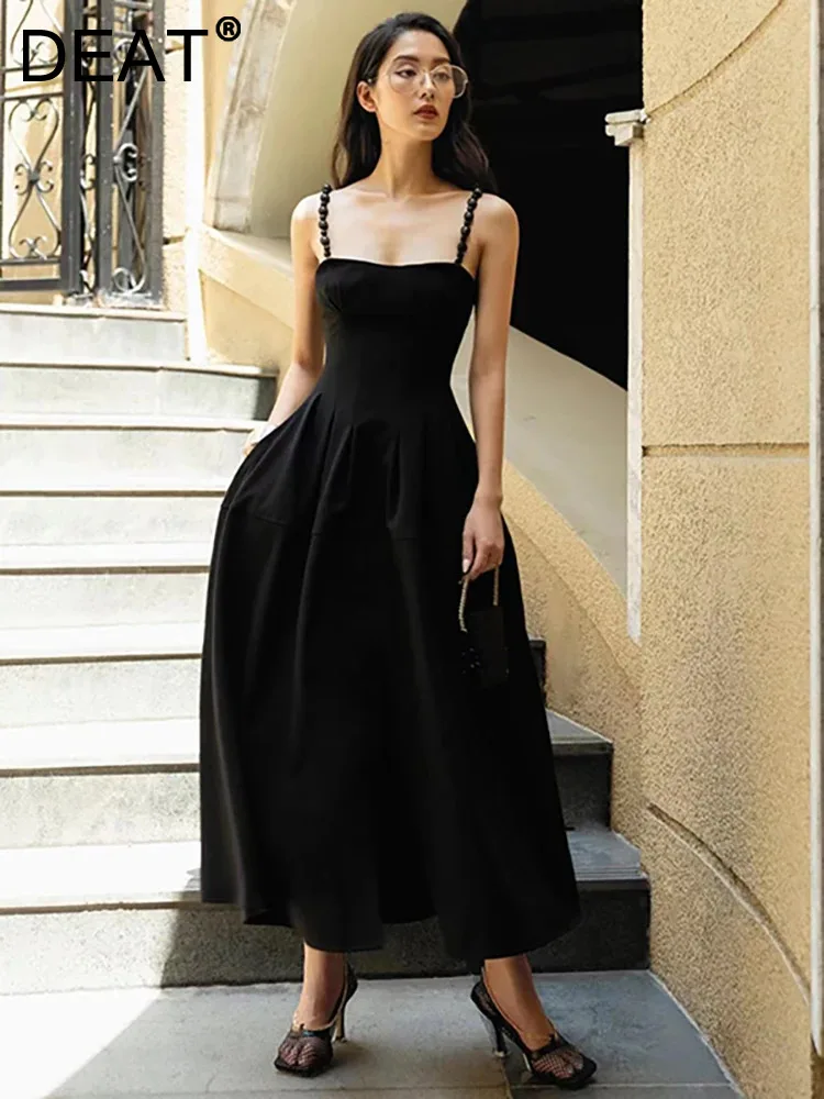 

DEAT Women's Fashion Evening Dress Camisole Sleeveless Pearl Solid Color Split Elegant Party Dresses Summer 2024 New 13DB4179