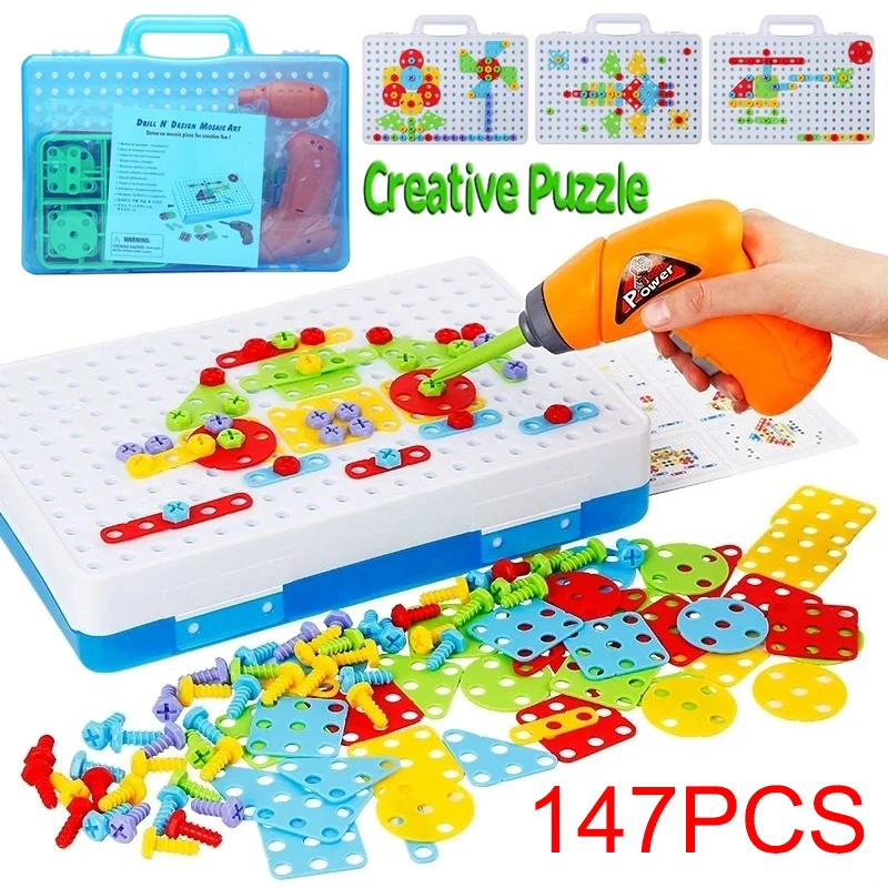 147PCS Children Toys Tool Set Electric Drill Screw Nut Drilling Assembly Puzzle Toys Pretend Play Montessori Educational