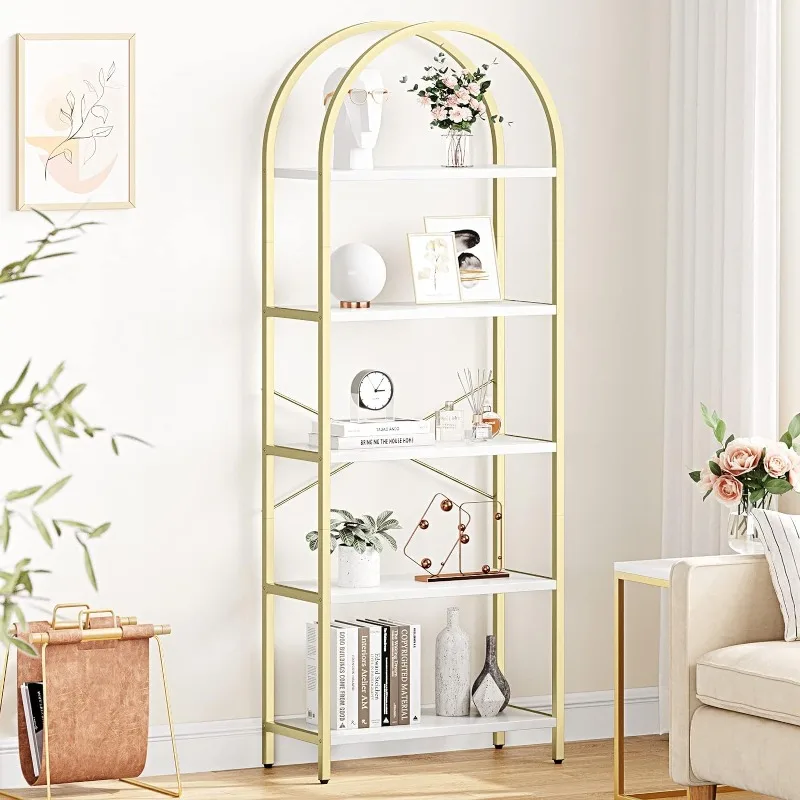 

IDEALHOUSE Bookshelf 5 Tier Bookcase Arched Display Racks Tall Standing Bookshelves Metal Frame Modern Storage