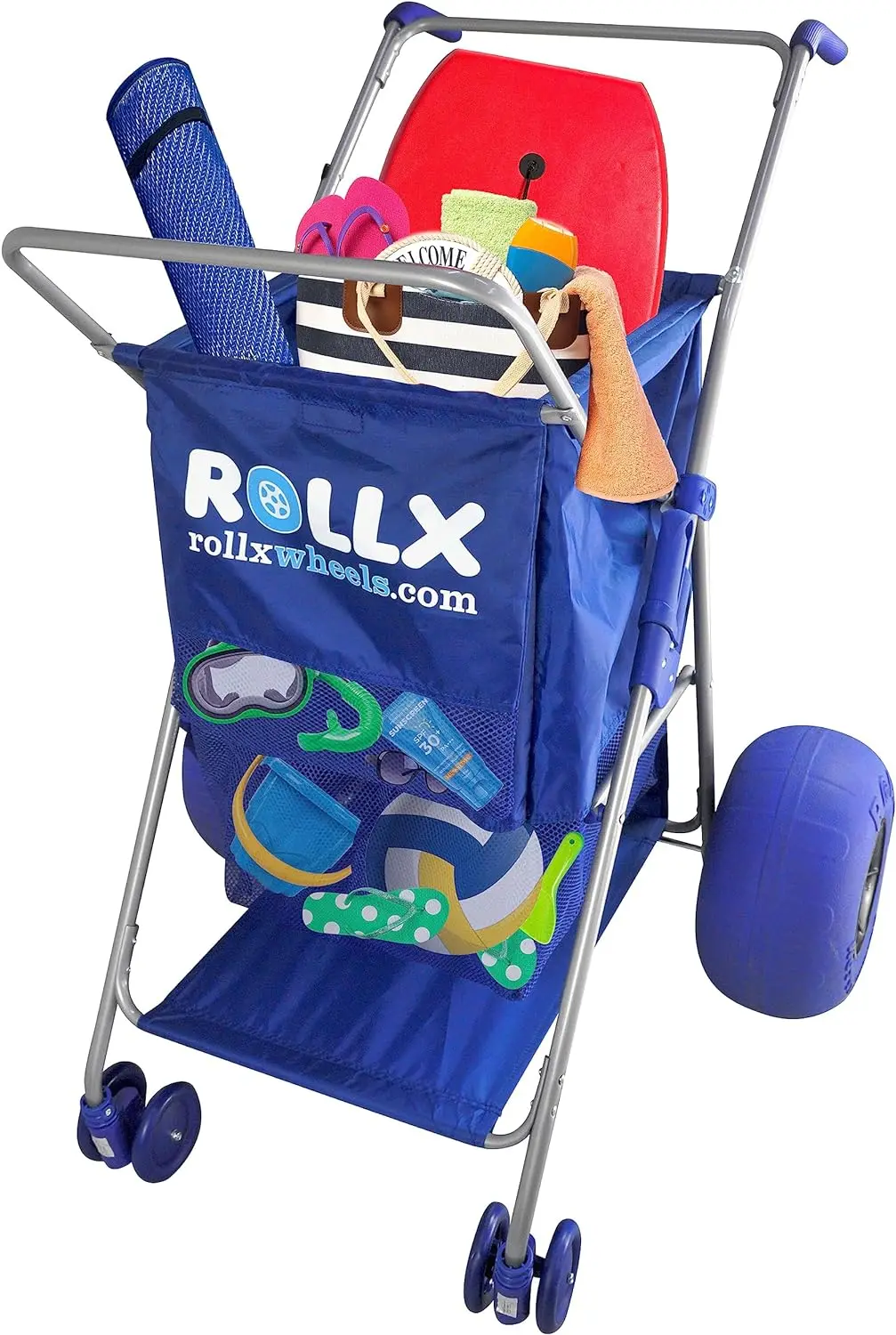 

RollX Big Balloon Wheel Beach Cart for Sand, Foldable Storage Wagon with Big 13 Inch Beach Tires (Pump Included) (Blue)