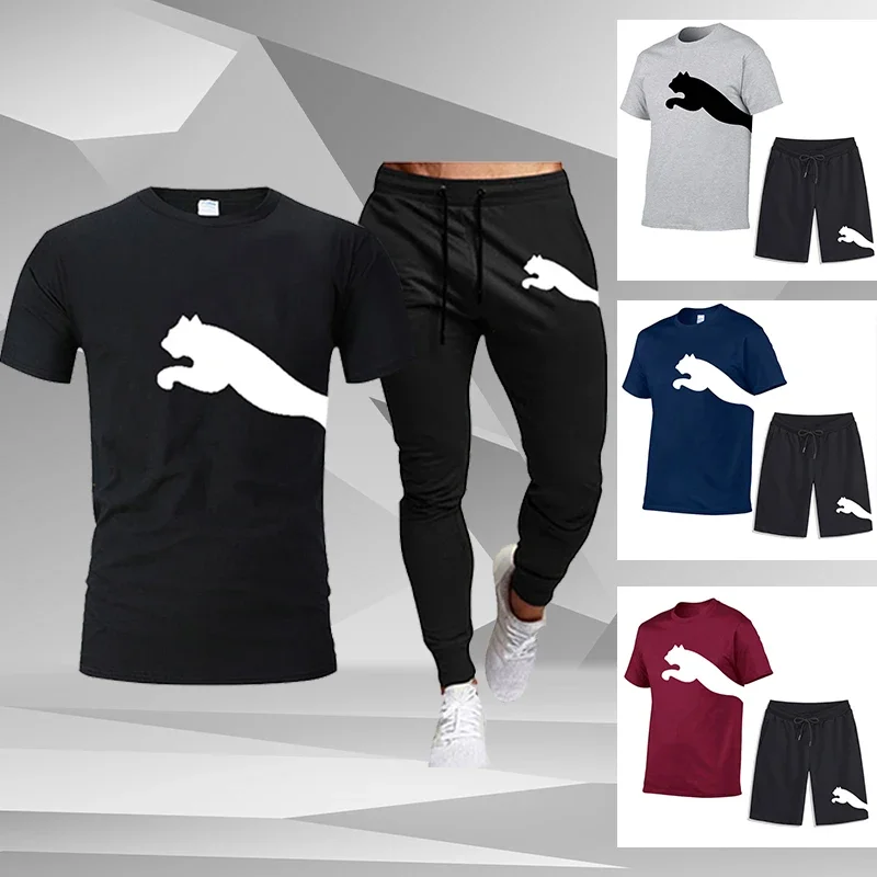 

Mens Cotton T-Shirt and Sweatpants Sets Summer Fashion Casual Short Sleeve Tees Tracksuits Outdoor Streetwears Male Sportwears
