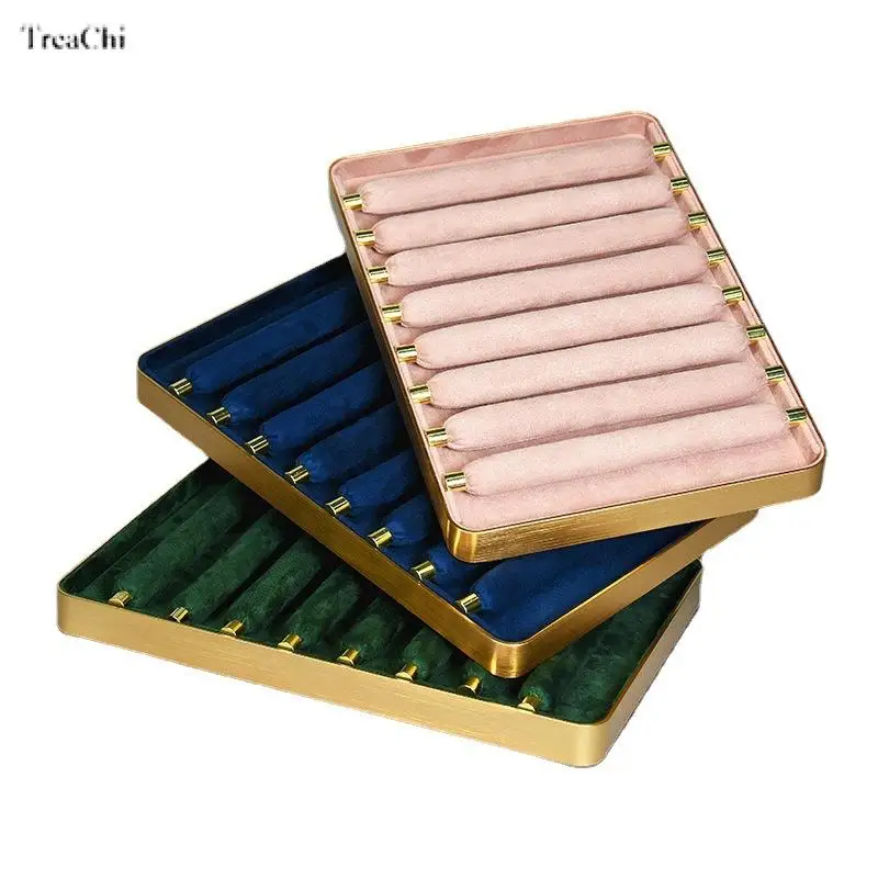 Cashmere Leather Metal Ring Jewelry Tray with 8/6 Detachable Ring Sticks Display Wooden Store Display Prop Ring Holder Organizer