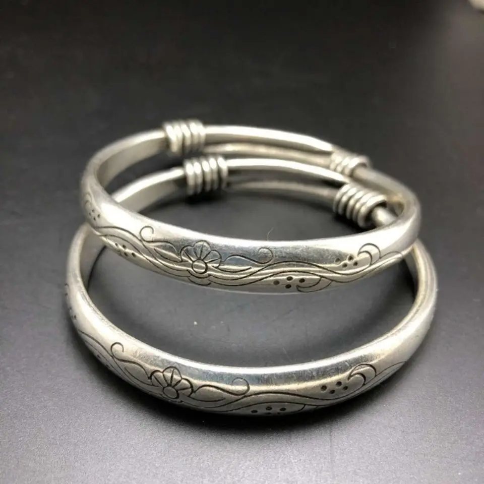 

1 Pair China Elaborate Tibetan Silver Lucky “Auspicious”Bracelet Metal Handicraft Decoration Home Decoration#3