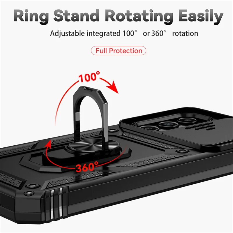 Durable Armor Case with Ring Holder and Slide Lens Protection