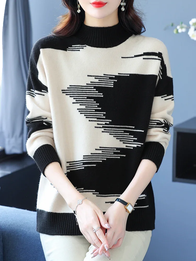 

Geometry Sweater Woman Spring Autumn Korean Fashion Turtleneck Pullover Femme Womens Clothing Long Sleeve Top Sweaters