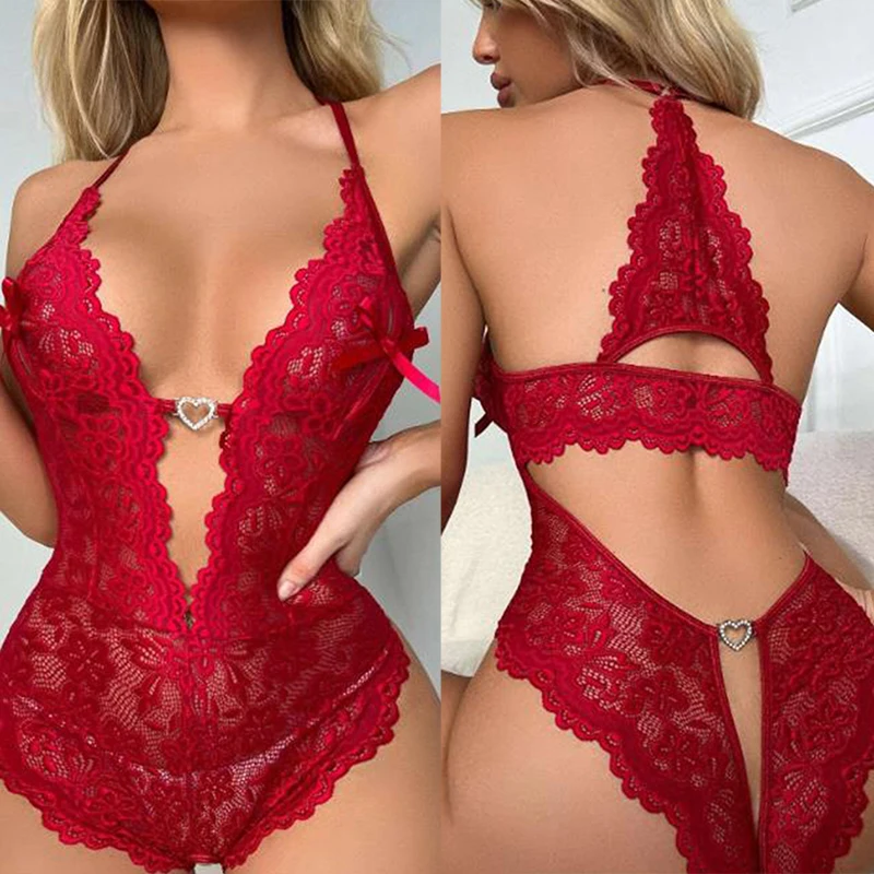 

New Crotchless Red Sexy Lingerie Women Lace Hollow Bodysuit Erotic Costumes Teddy Baby Dress Deep V Open Bra Porn Underwear