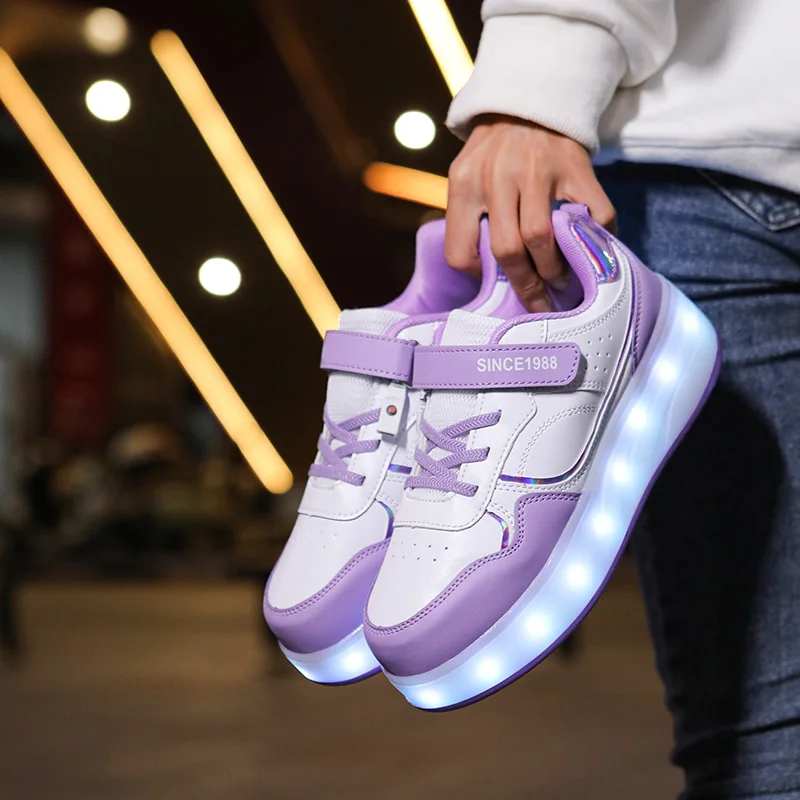 Roller Skate Shoes - Kids LED Light Sneakers With Hook & Loop Closure