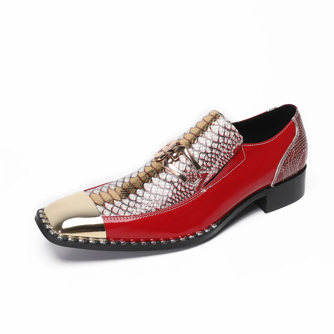 Men's Le Fu shoes snake skin men's real leather shoes printed square head metal buckle wedding business dress