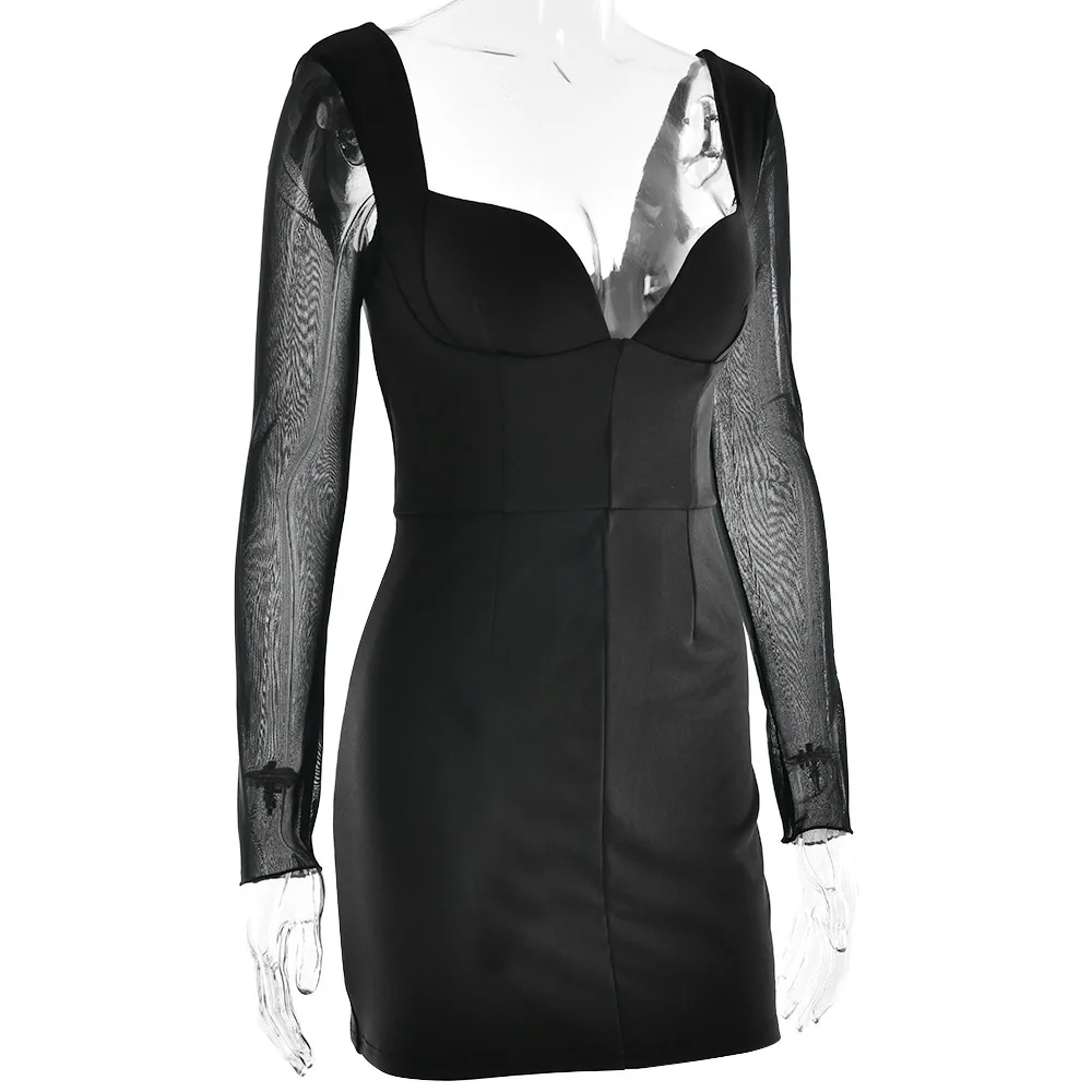 Elegant Long Sleeve Mesh Patchwork Zipper Tight Dress Women Sexy Deep V-Back Short Skirt Party Club Evening Dress 2025