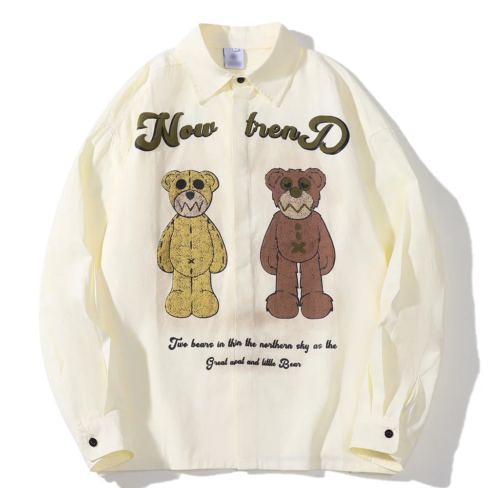 

Retro Streetwear Cartoon Bear Print Long Sleeve Shirt Men And Women Hip Hop Loose Couple All-match Button Up Tops Shirts