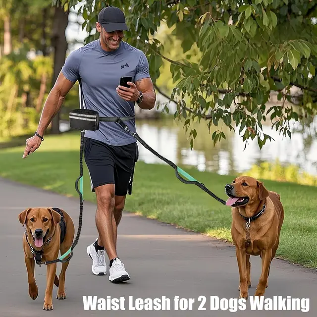 Hands Free Dog Leash with Dual Bungees for 2 Dogs, Adjustable Waist Belt Fanny Pack, Reflective Stitching Leash for Running