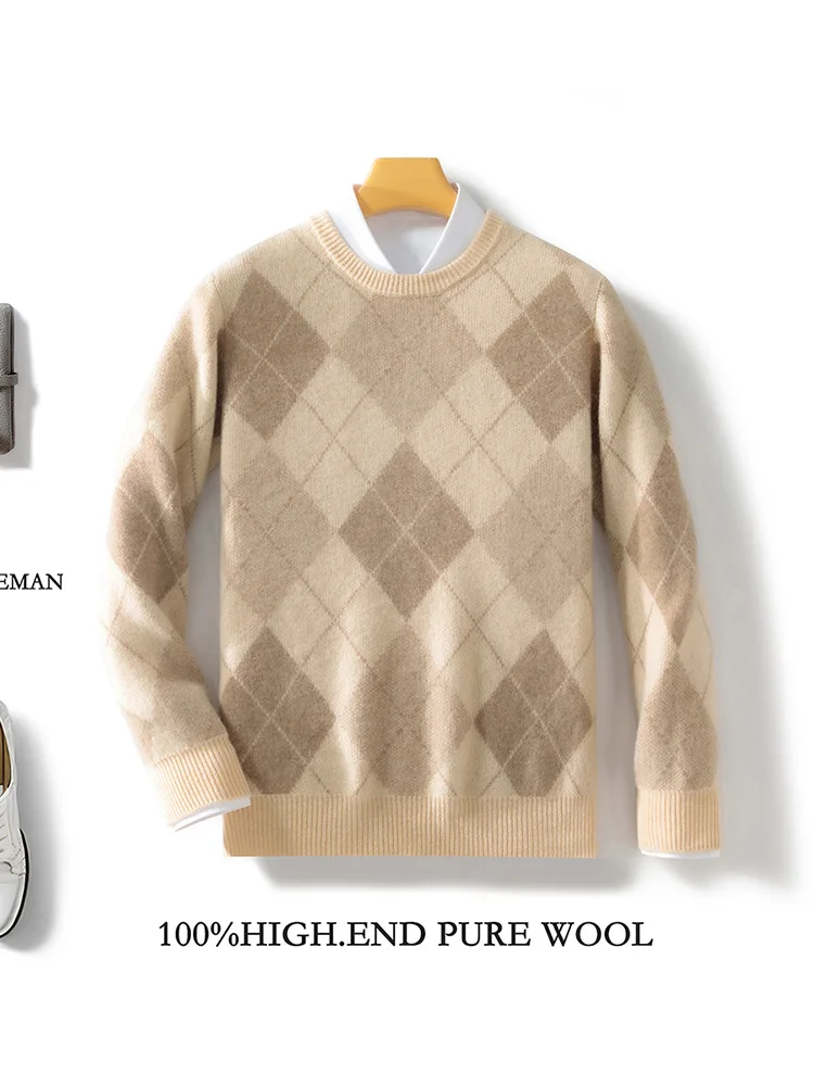 Men Classical Rhombus Knit Sweater Autumn Winter Thick O-neck Long Sleeve Pullover 100% Merino Wool Knitwear Smart Casual Cloth 3