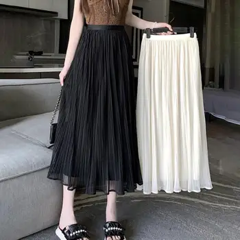 Women Pleated Skirt Elastic Waistband Mid-rise Solid Color Midi Skirt Slimming Glossy Gauze Skirt Daily Wear 1