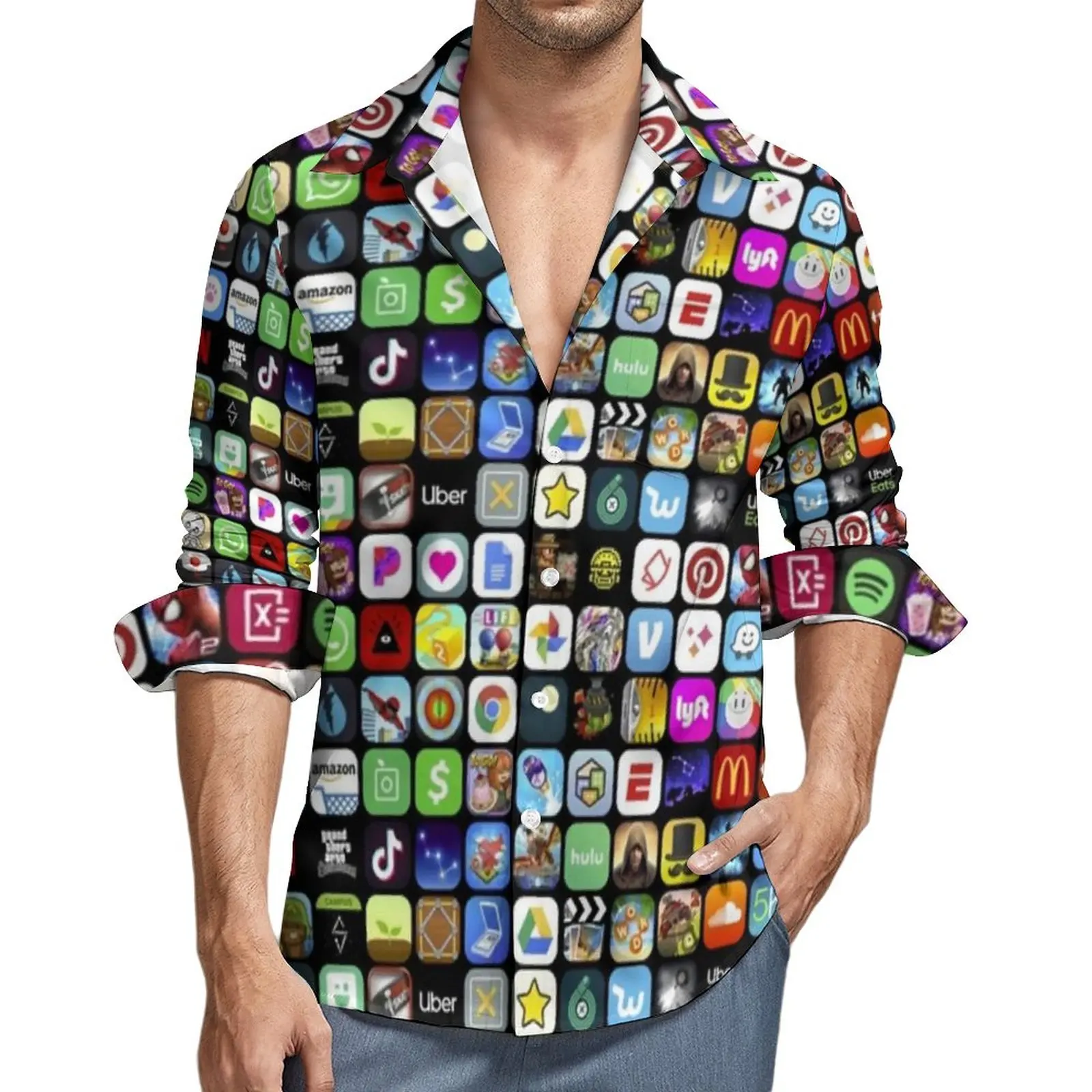 

Meme Collage Print Shirt Male Wall of Apps Casual Shirts Autumn Y2K Custom Blouses Long Sleeve Novelty Oversized Top Gift