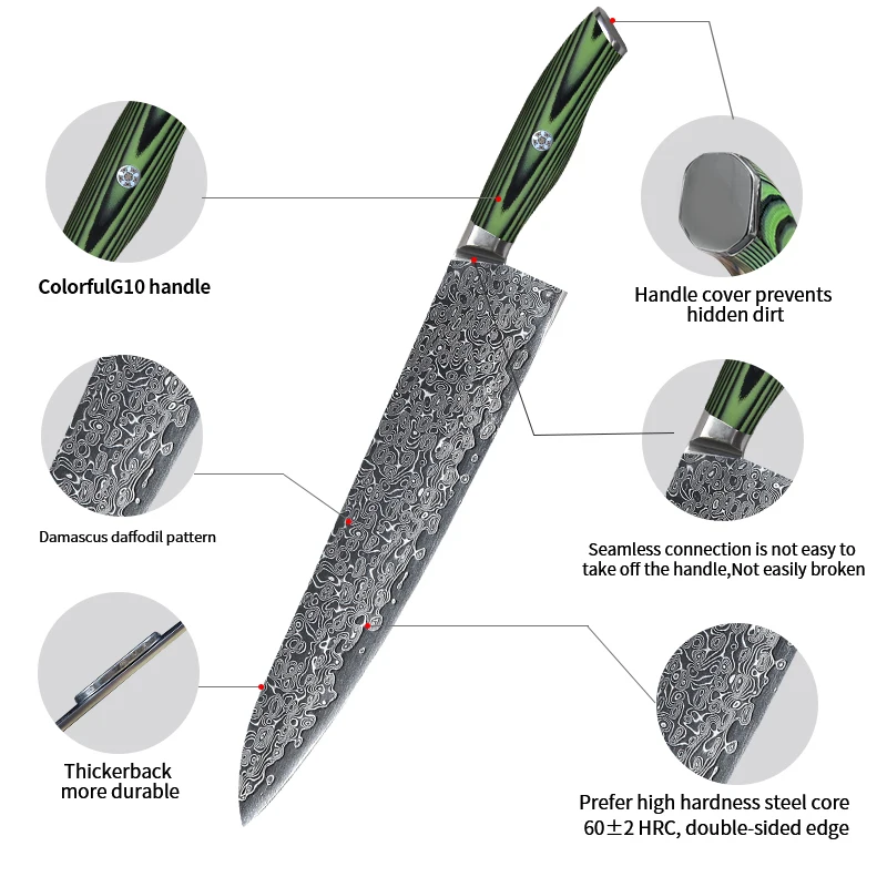 Sashimi Knife Double-edged Blade Damascus VG10 Steel Sharp Cleaver Meat Slicing Sushi Gyutou Japanese Kitchen Knife G10 Handle