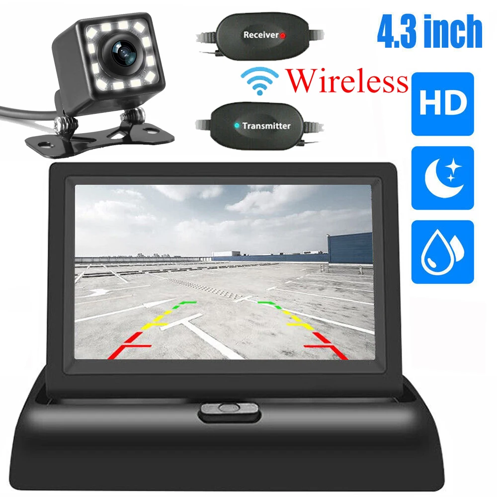 Wireless Foldable Car Monitor 4.3-inch TFT LCD HD Parking Monitor Night Vision With Reverse Camera for Car MPV RV SUV Parking