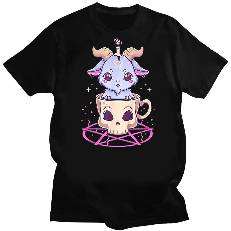 Фото Kawaii Pastel Goth Милая жуткая черная футболка с котом женские летние строительные Топы креативный узор Персонализированная уличная футболка Y2k №5