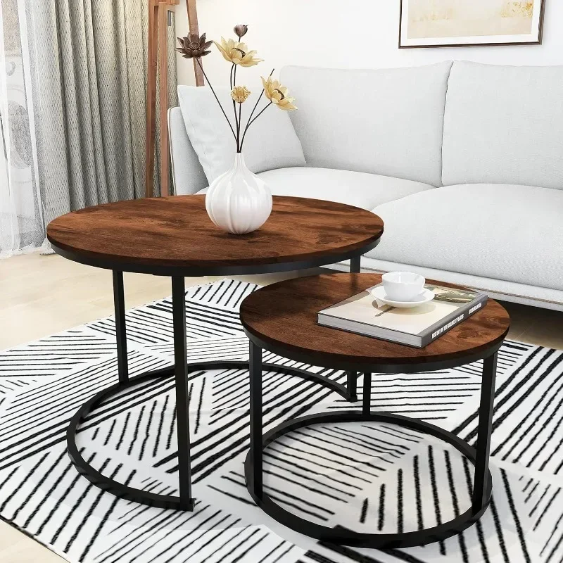 Round Coffee Table Set of 2 Modern Nesting Side End Table for Living Room,Round Wooden Coffee with Solid.