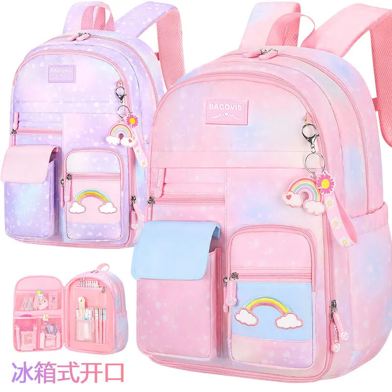 

School Bag Backpack Foreign Trade Load Reduction Spine Protection Rainbow Printing and Elementary School Backpacks for Children