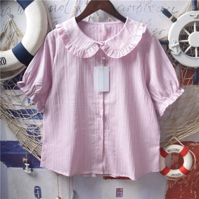 Camicetta da donna Lolita in pizzo con maniche corte a sbuffo, colletto Peter Pan, gotico, kawaii, vintage, con volant e fiocco, Bianco, S