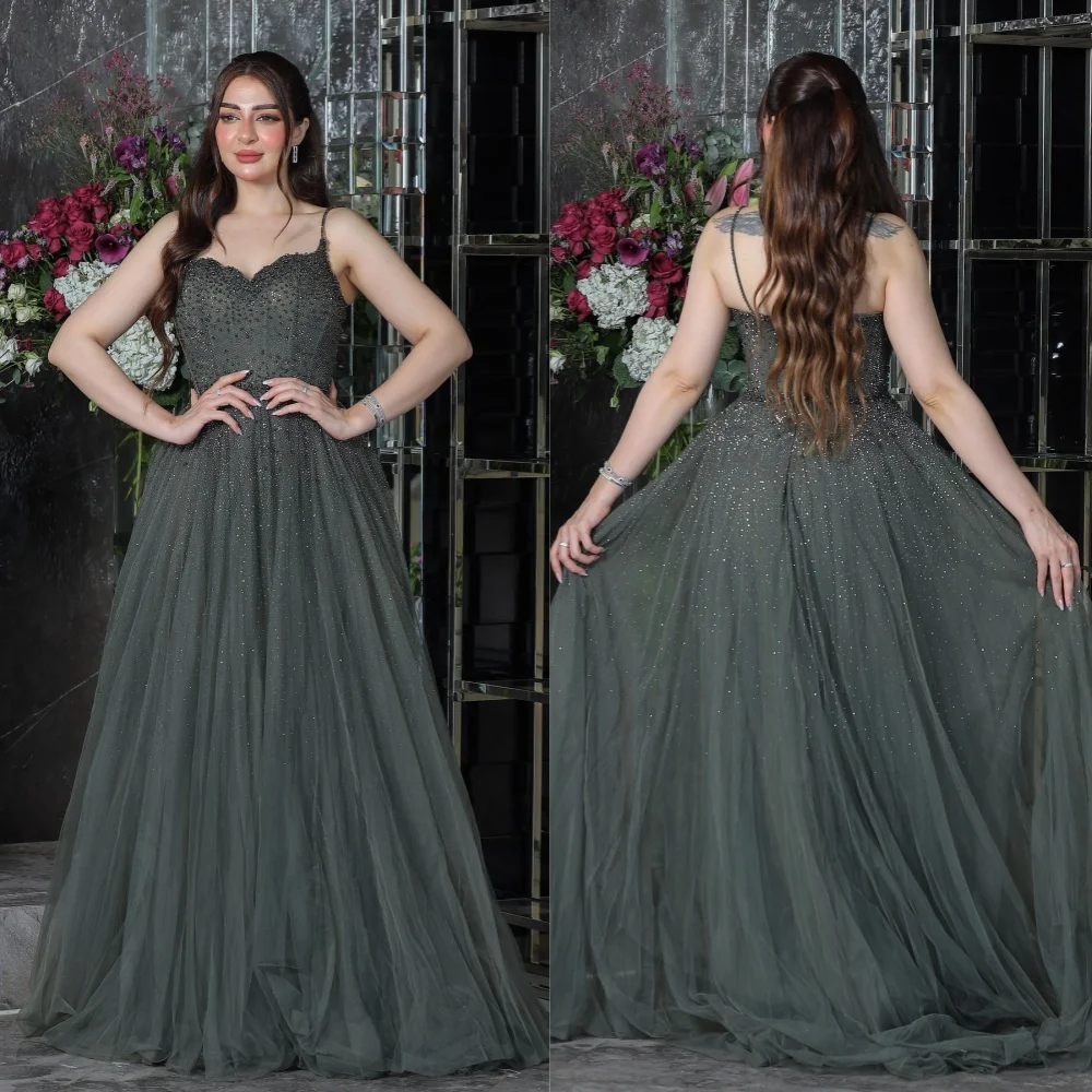 Jiayigong Evening Tulle Draped Sequined Clubbing A-line Spaghetti Strap Bespoke Occasion Gown Long Dresses